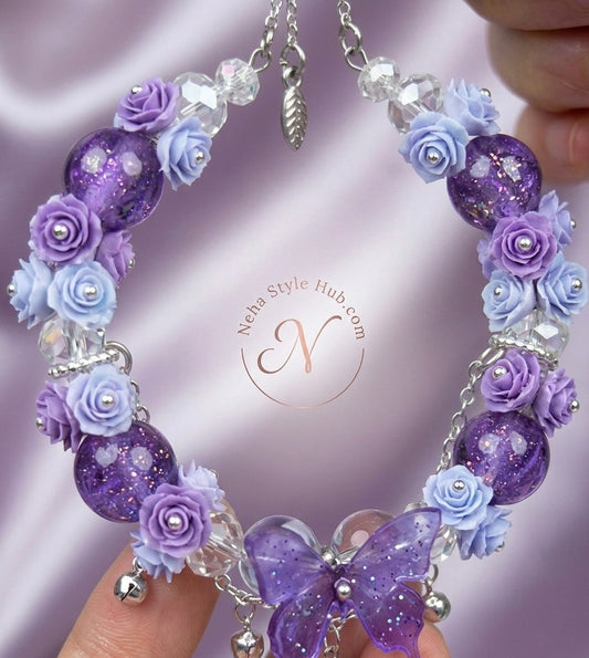 Butterfly Floral Charm Bracelet - Purple