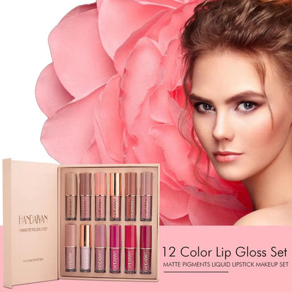 HANDAIYAN 12 Colors Matte Liquid Lipstick Set ZH-504 | Waterproof Long Lasting Velvet Lip Gloss | 12PCS Full Size Makeup Kit