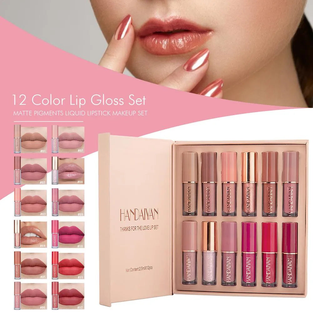 HANDAIYAN 12 Colors Matte Liquid Lipstick Set ZH-504 | Waterproof Long Lasting Velvet Lip Gloss | 12PCS Full Size Makeup Kit