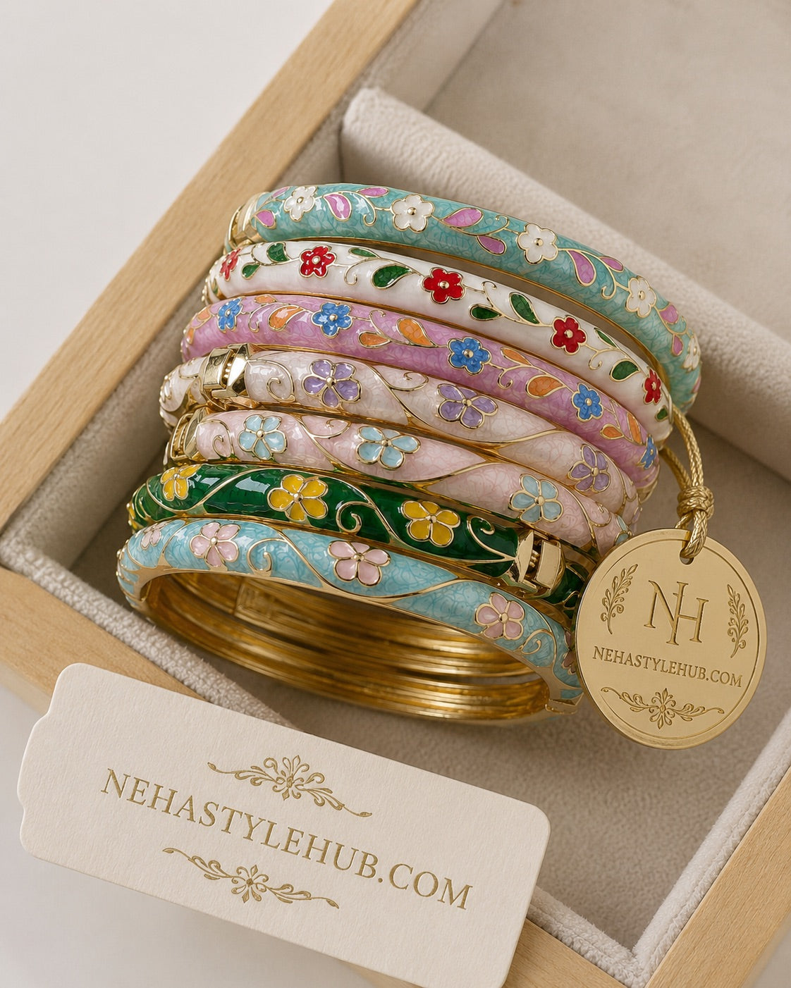 Pastel Bloom Floral Enamel Bangle Set - Full Collection