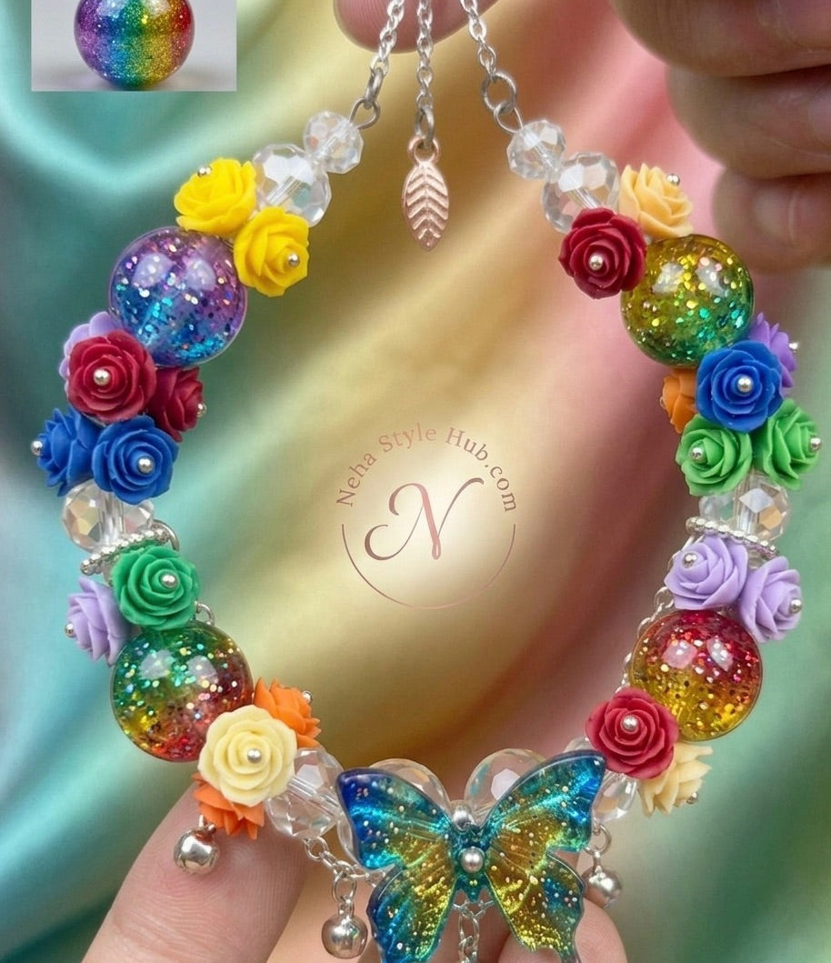 Blush Pink Butterfly Floral Charm Bracelet - Pink