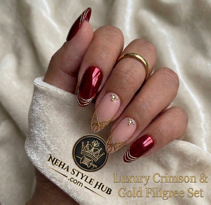 Crimson Gold Filigree Nails - Close Up